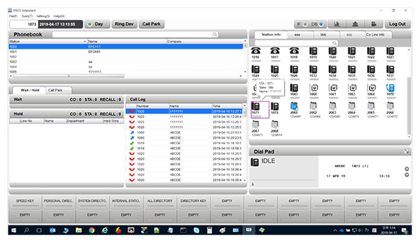 iPECS Attendant software console showing phonebook, call log, station status grid and dial pad