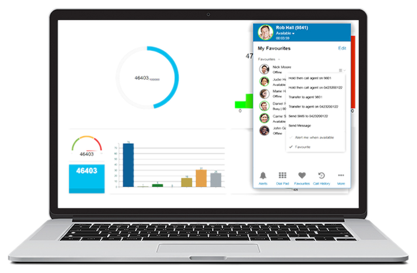 iPECS CCX contact centre agent desktop with live wallboard, call statistics and favourites panel on a laptop