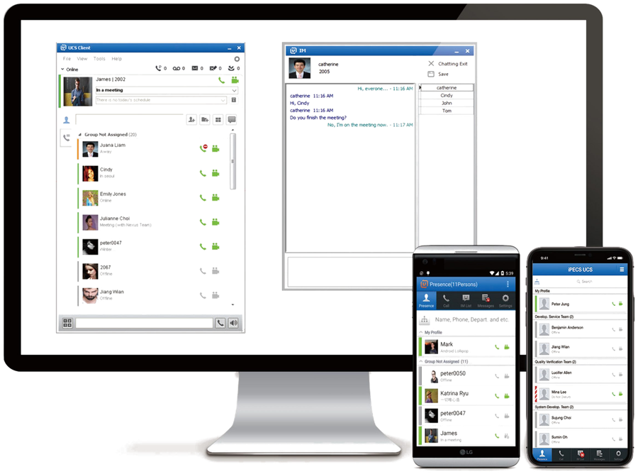 iPECS UCS unified collaboration client shown on desktop and mobile, with presence, instant messaging and contact lists