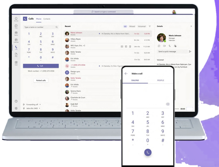 Microsoft Teams Phone running on a laptop and mobile device, showing a unified dialler with recent calls, contacts, and an active call.