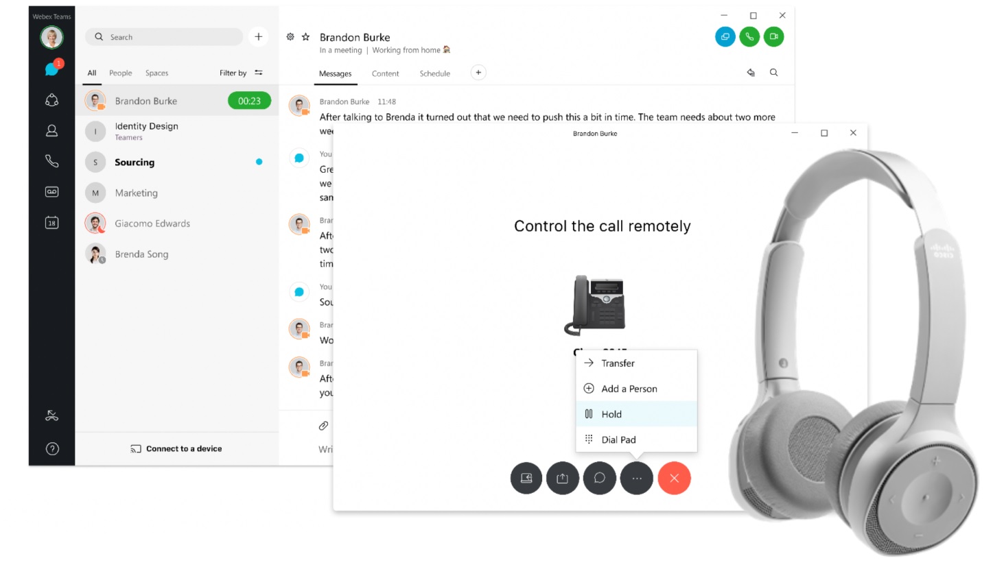 Webex Teams app showing messaging, contacts, and a remote call control window with Cisco headset