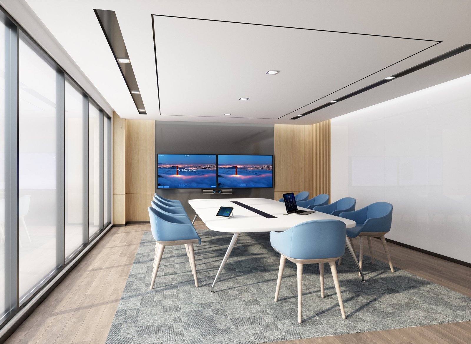 Yealink Zoom Rooms conference room with dual displays, MeetingBar, and touch console on a boardroom table