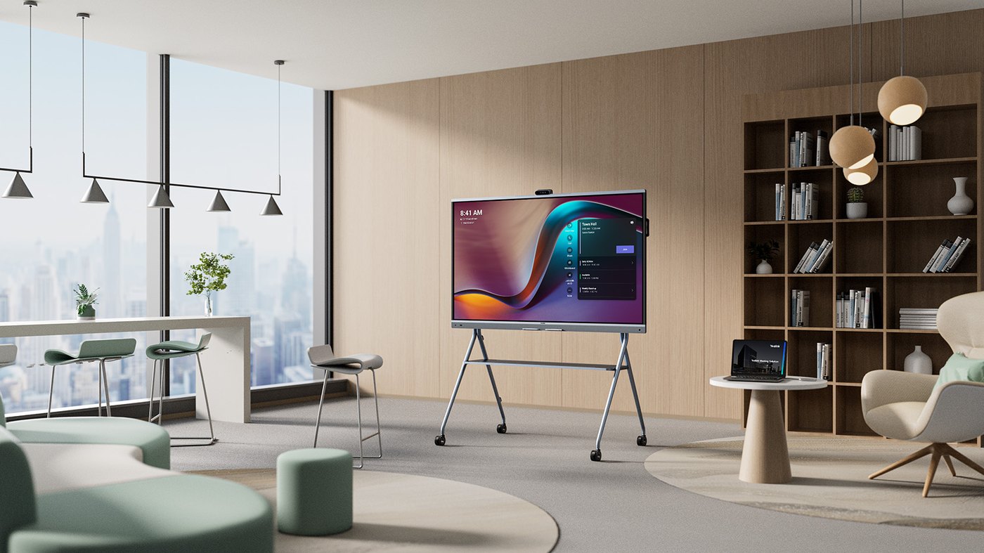 Yealink MeetingBoard 65 on a mobile stand in a modern collaboration space