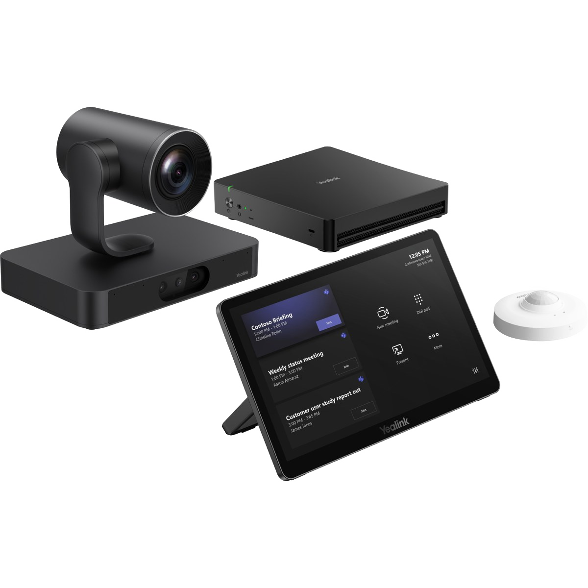 Yealink MVC S80 Microsoft Teams Rooms bundle: SmartVision 80 PTZ camera, MCore 4 mini-PC, MTouch Plus touch panel, and RoomSensor